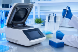 PCR thermal cycler performing DNA amplification in a molecular biology laboratory